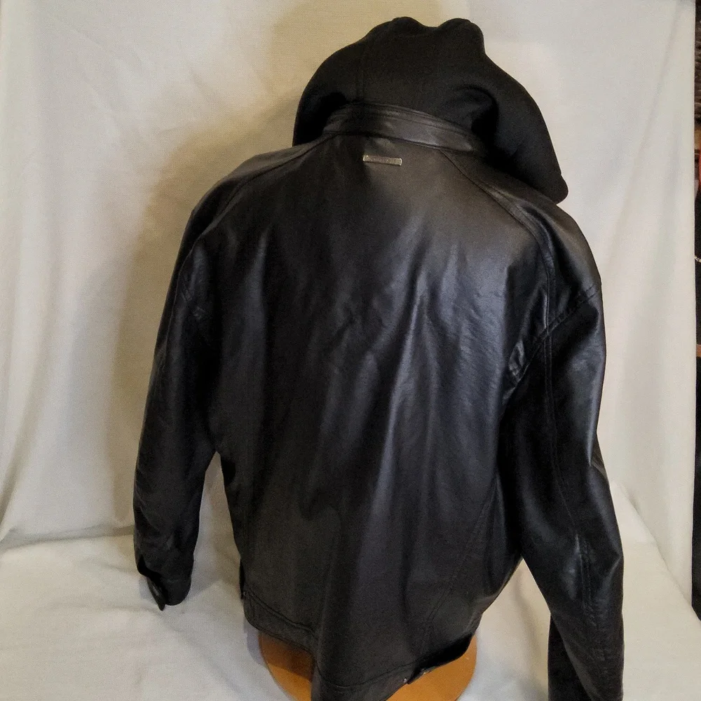 Unisex Michael Kors black soft faux leather 2fer bomber hoodie jacket L - Picture 3 of 5